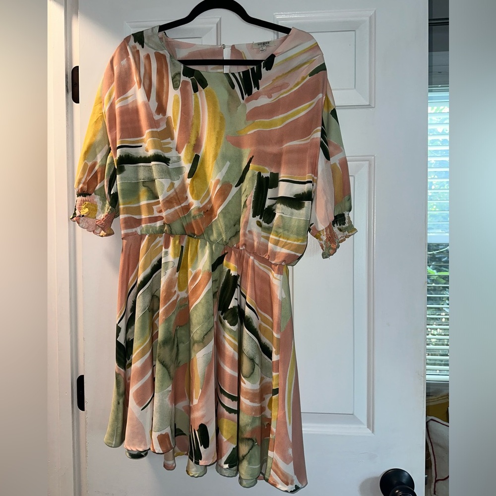 Umgee Pink and Green Abstract Midi Dress